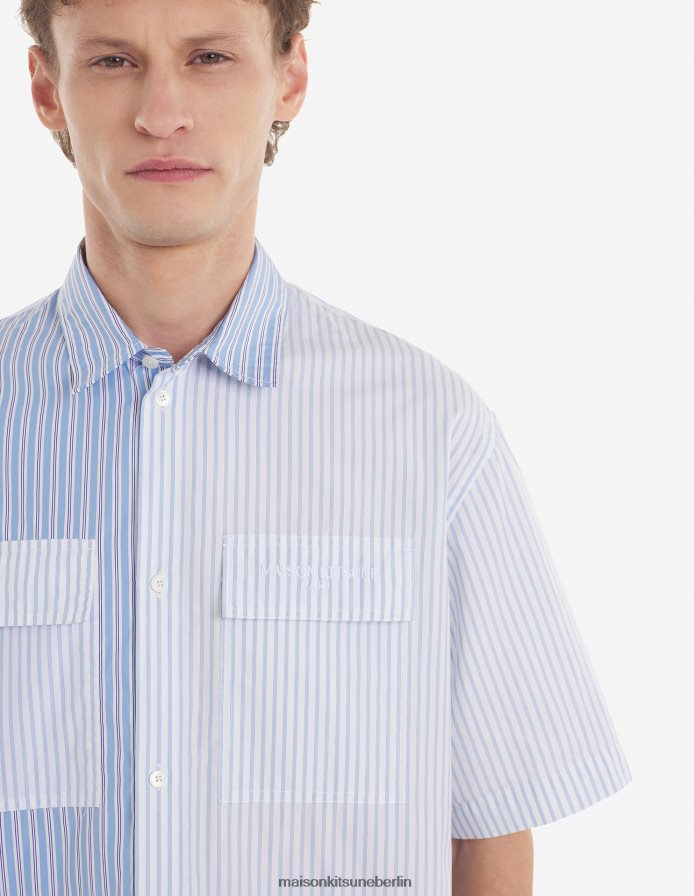 Kleidung V2DHL271 blaue Farbblockstreifen Männer Hemd mit mehreren Taschen Maison Kitsune