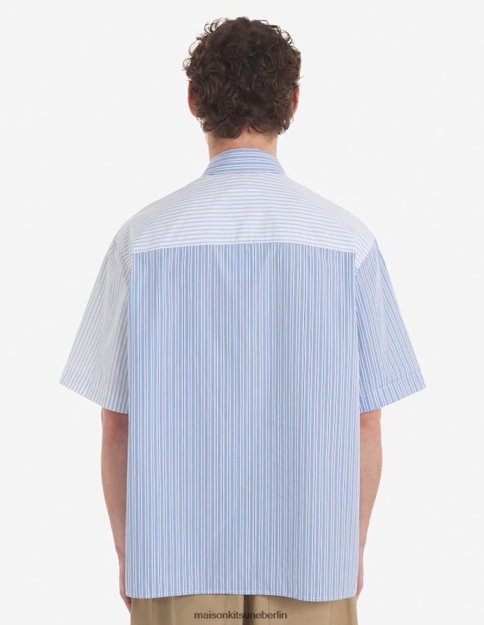 Kleidung V2DHL271 blaue Farbblockstreifen Männer Hemd mit mehreren Taschen Maison Kitsune