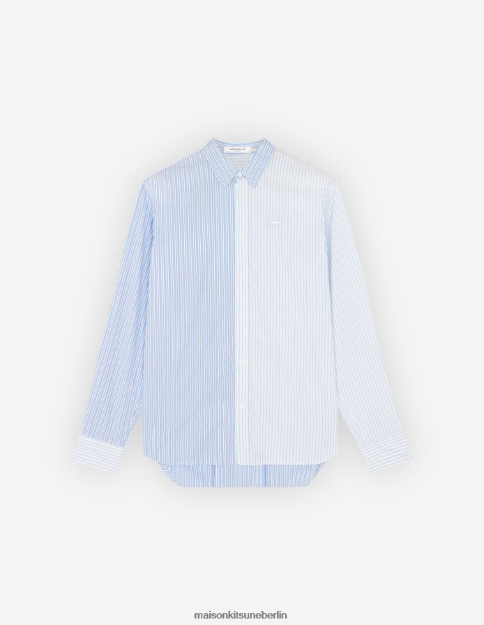 Kleidung V2DHL272 blaue Farbblockstreifen Männer normales Hemd Maison Kitsune