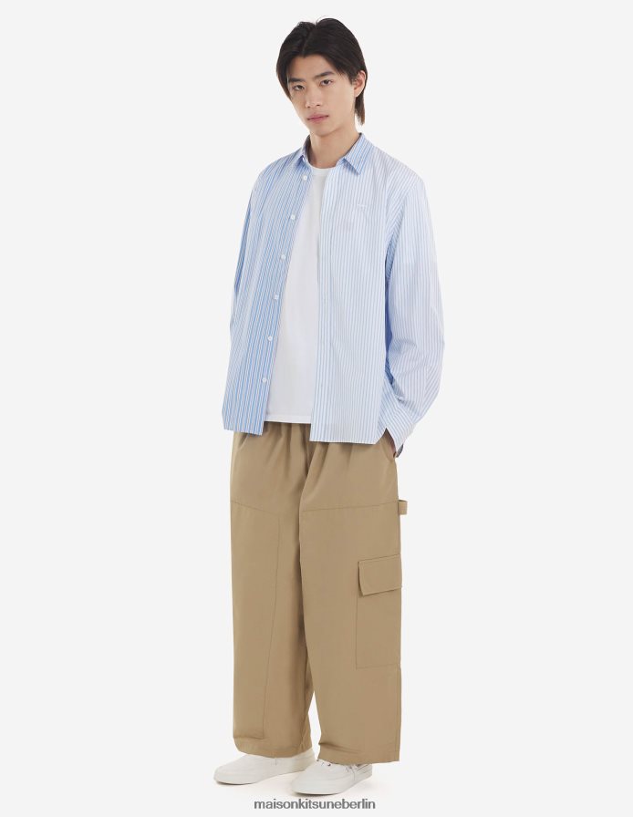 Kleidung V2DHL272 blaue Farbblockstreifen Männer normales Hemd Maison Kitsune