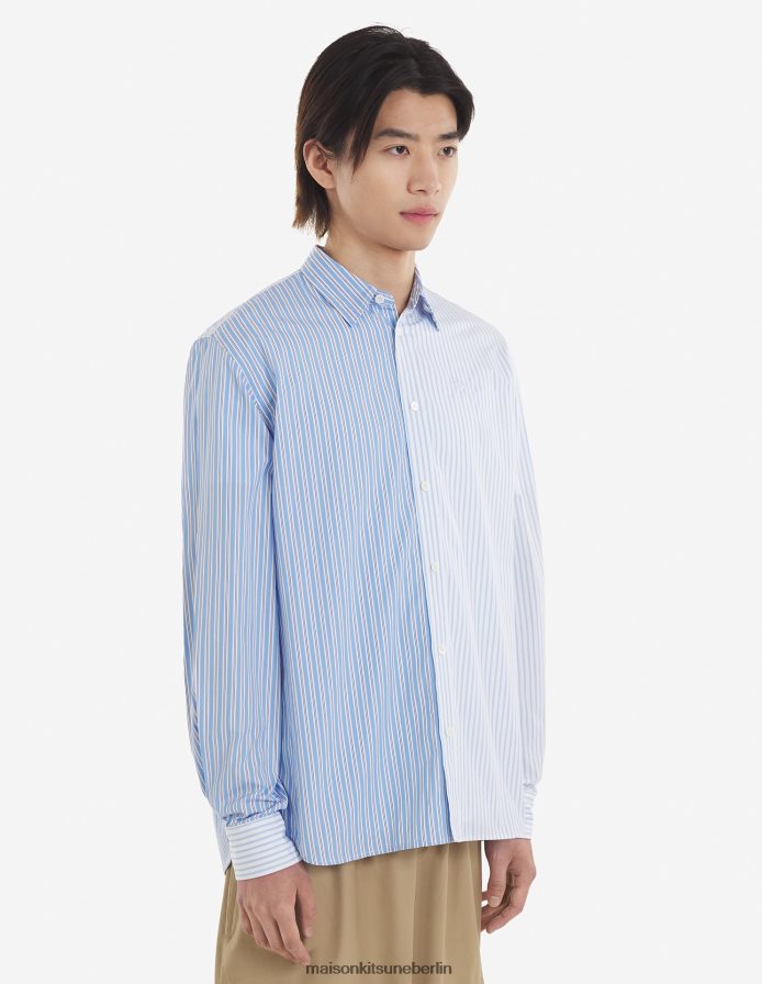Kleidung V2DHL272 blaue Farbblockstreifen Männer normales Hemd Maison Kitsune