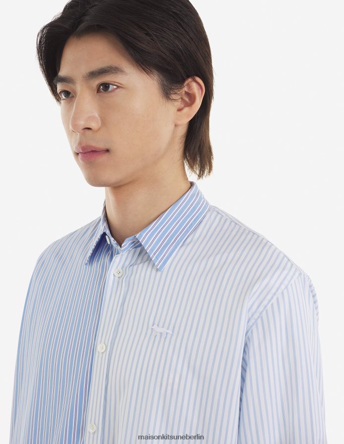 Kleidung V2DHL272 blaue Farbblockstreifen Männer normales Hemd Maison Kitsune