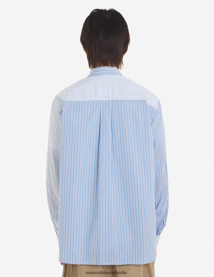 Kleidung V2DHL272 blaue Farbblockstreifen Männer normales Hemd Maison Kitsune