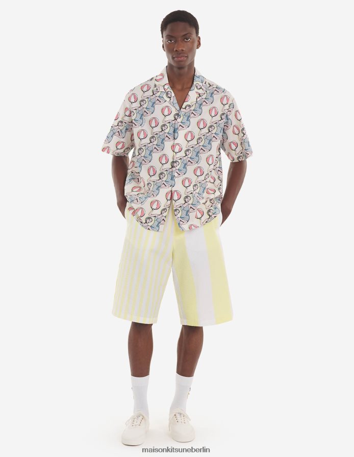 Kleidung V2DHL273 Multico-Design Männer Resort-Shirt mit Tanzmädchen-Print Maison Kitsune