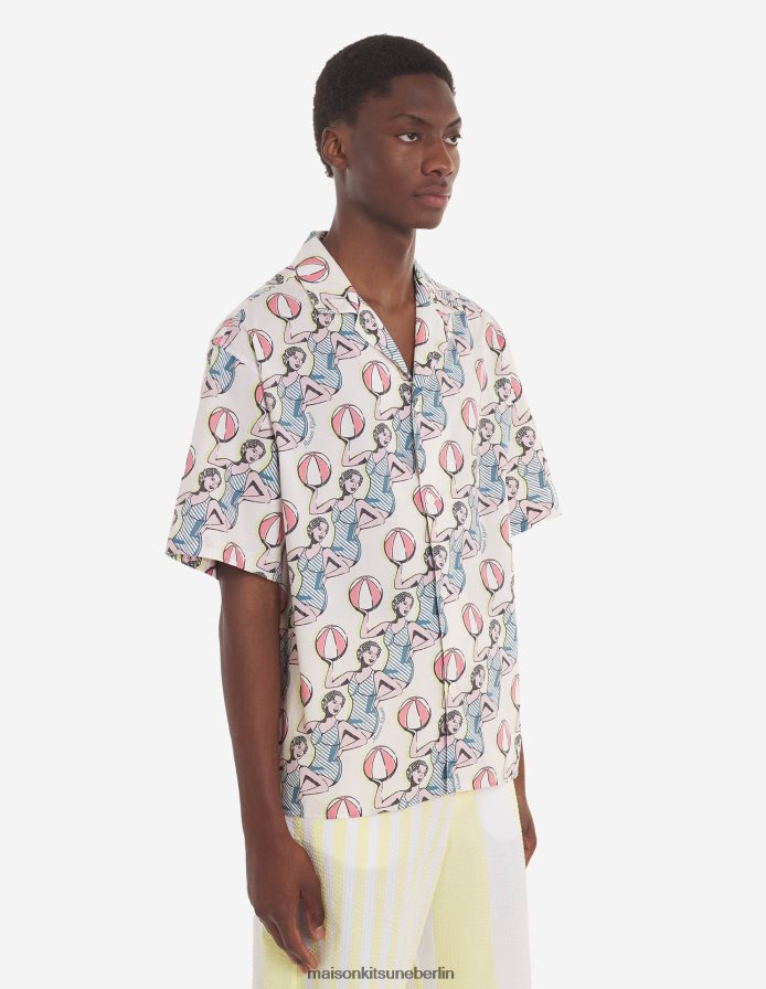 Kleidung V2DHL273 Multico-Design Männer Resort-Shirt mit Tanzmädchen-Print Maison Kitsune