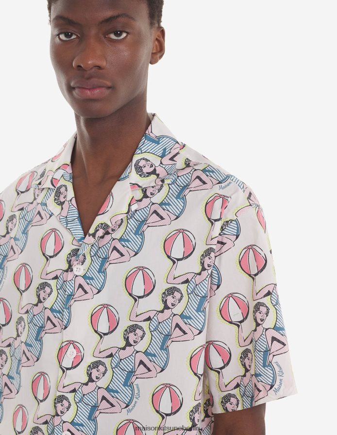 Kleidung V2DHL273 Multico-Design Männer Resort-Shirt mit Tanzmädchen-Print Maison Kitsune