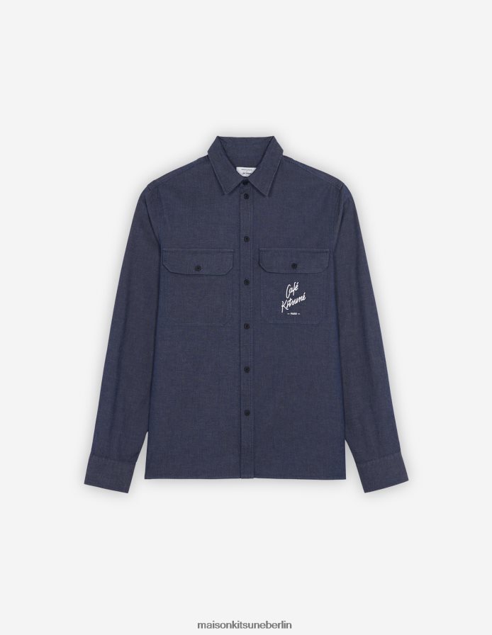 Kleidung V2DHL277 Marine Männer Café-Chambray-Hemd Maison Kitsune