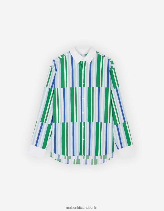 Kleidung V2DHL282 blaugrüne Streifen Männer Lässiges Hemd mit versetzten Streifen Maison Kitsune