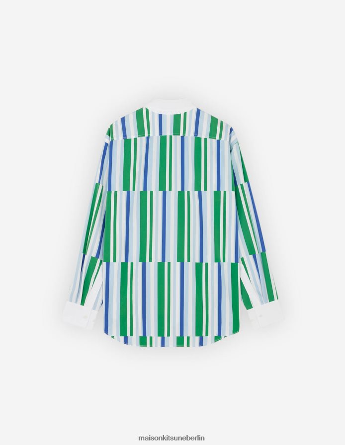 Kleidung V2DHL282 blaugrüne Streifen Männer Lässiges Hemd mit versetzten Streifen Maison Kitsune