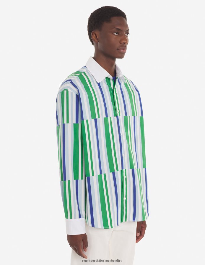Kleidung V2DHL282 blaugrüne Streifen Männer Lässiges Hemd mit versetzten Streifen Maison Kitsune