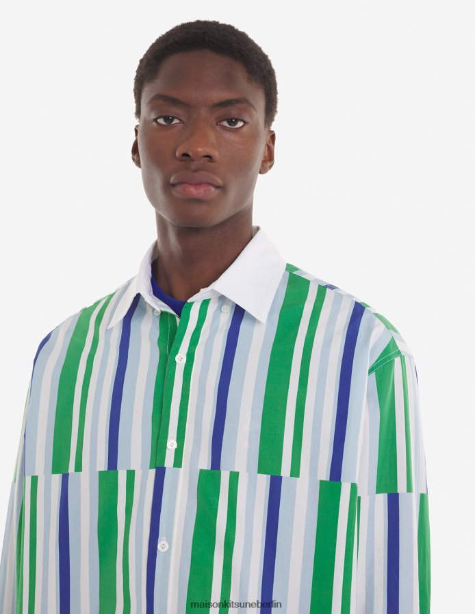 Kleidung V2DHL282 blaugrüne Streifen Männer Lässiges Hemd mit versetzten Streifen Maison Kitsune