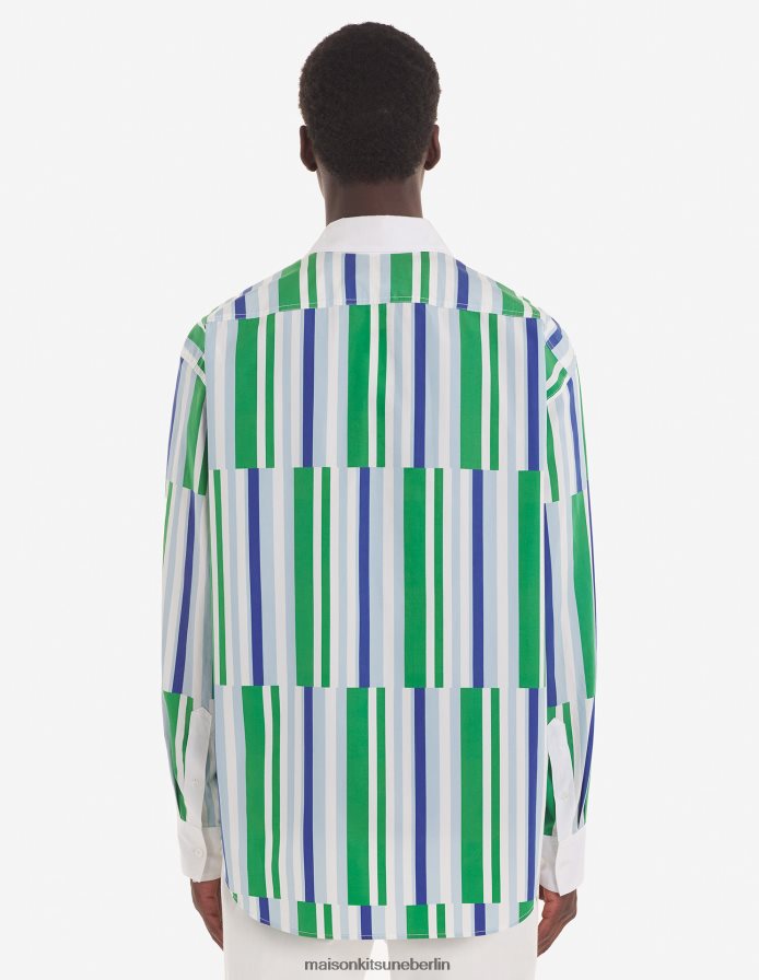 Kleidung V2DHL282 blaugrüne Streifen Männer Lässiges Hemd mit versetzten Streifen Maison Kitsune