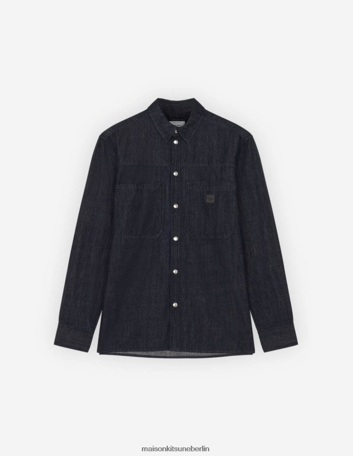 Kleidung V2DHL283 Indigo Männer Café-Denim-Arbeitshemd Maison Kitsune