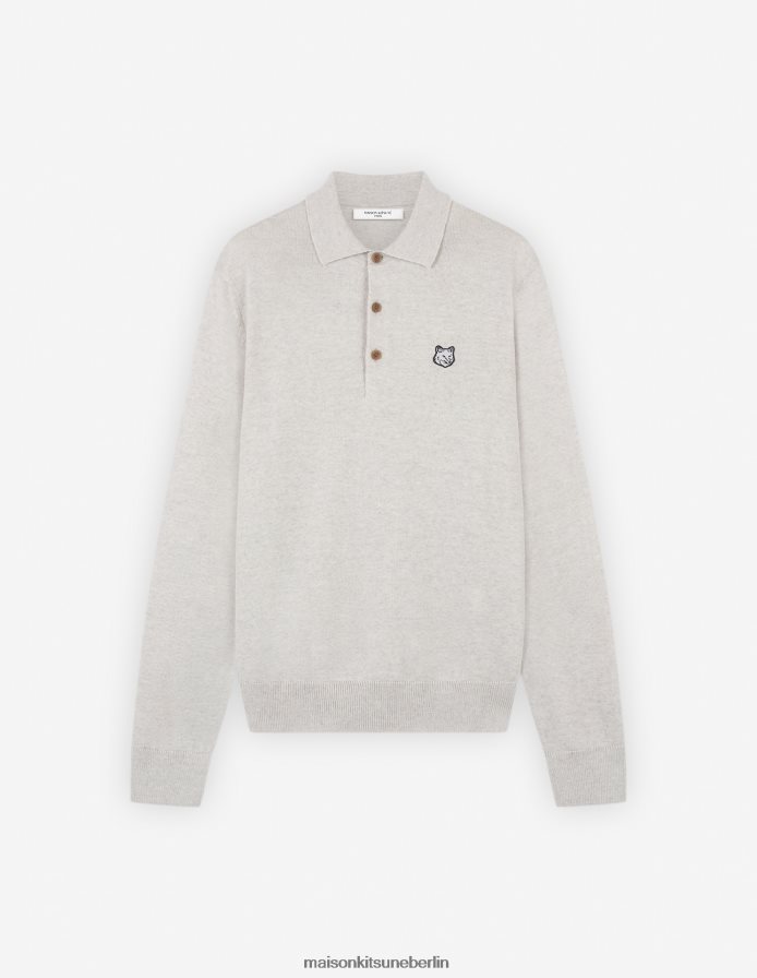 Kleidung V2DHL107 hellgrau meliert Männer Polopullover mit auffälligem Fuchskopf-Patch Maison Kitsune