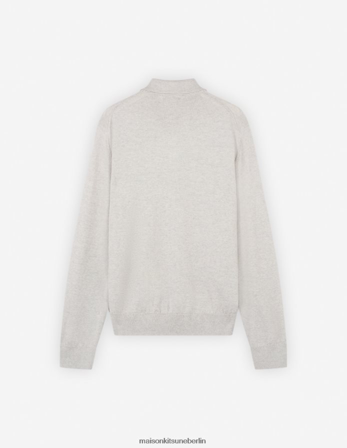 Kleidung V2DHL107 hellgrau meliert Männer Polopullover mit auffälligem Fuchskopf-Patch Maison Kitsune