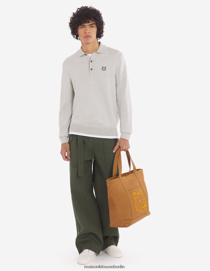 Kleidung V2DHL107 hellgrau meliert Männer Polopullover mit auffälligem Fuchskopf-Patch Maison Kitsune