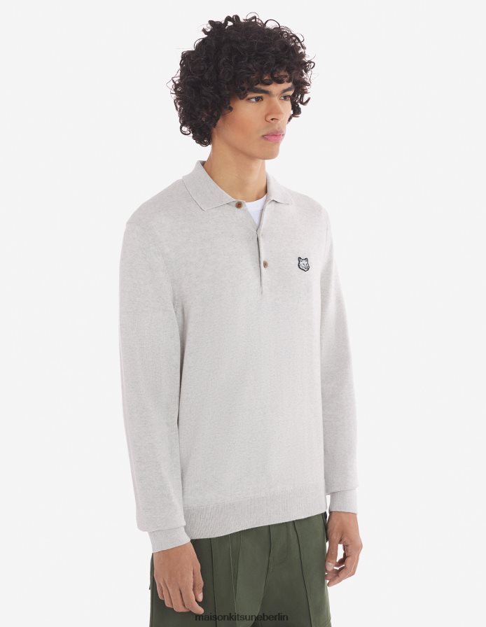 Kleidung V2DHL107 hellgrau meliert Männer Polopullover mit auffälligem Fuchskopf-Patch Maison Kitsune