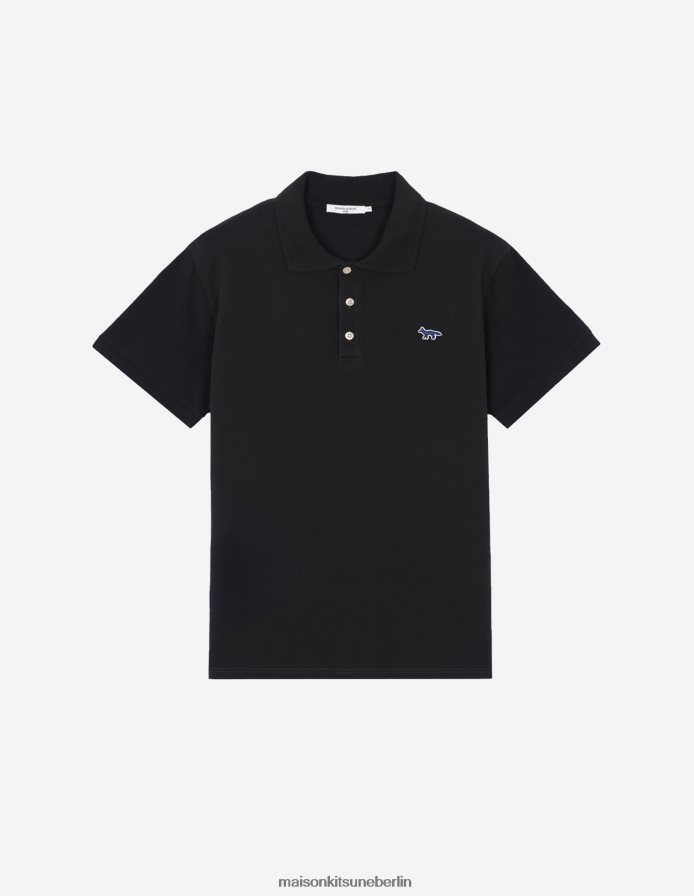 Kleidung V2DHL109 Schwarz Männer Klassisches Poloshirt mit Marineblau-Fuchs-Patch Maison Kitsune