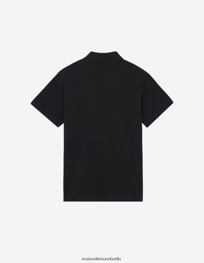 Kleidung V2DHL109 Schwarz Männer Klassisches Poloshirt mit Marineblau-Fuchs-Patch Maison Kitsune