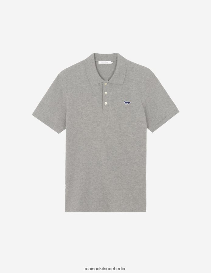 Kleidung V2DHL111 graue Melange Männer Klassisches Poloshirt mit Marineblau-Fuchs-Patch Maison Kitsune