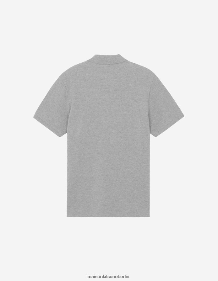 Kleidung V2DHL111 graue Melange Männer Klassisches Poloshirt mit Marineblau-Fuchs-Patch Maison Kitsune