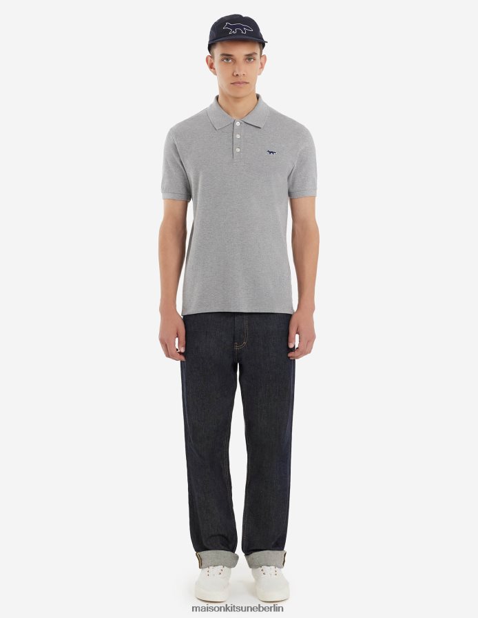Kleidung V2DHL111 graue Melange Männer Klassisches Poloshirt mit Marineblau-Fuchs-Patch Maison Kitsune