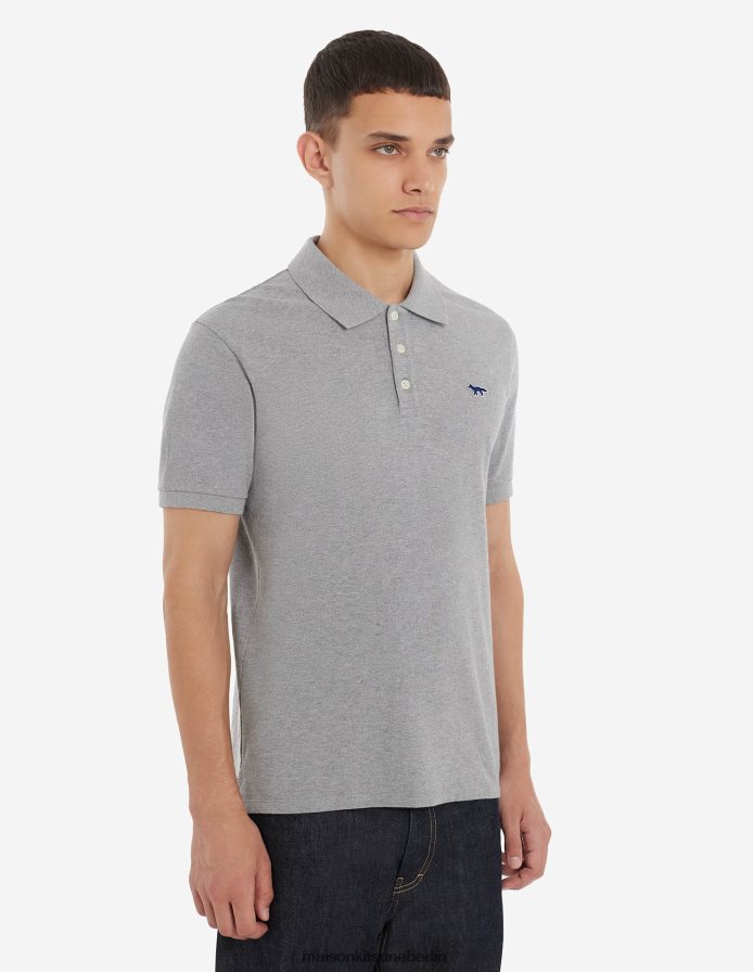 Kleidung V2DHL111 graue Melange Männer Klassisches Poloshirt mit Marineblau-Fuchs-Patch Maison Kitsune