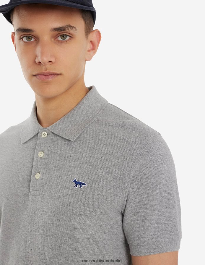 Kleidung V2DHL111 graue Melange Männer Klassisches Poloshirt mit Marineblau-Fuchs-Patch Maison Kitsune