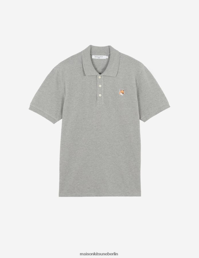 Kleidung V2DHL118 graue Melange Männer Klassisches Poloshirt mit Fuchskopf-Patch Maison Kitsune