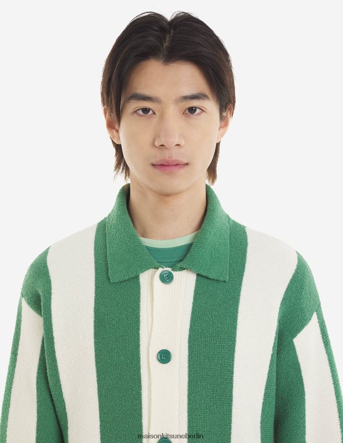 Kleidung V2DHL119 tropische grüne Streifen Männer Poloshirt mit Streifen am Pool Maison Kitsune