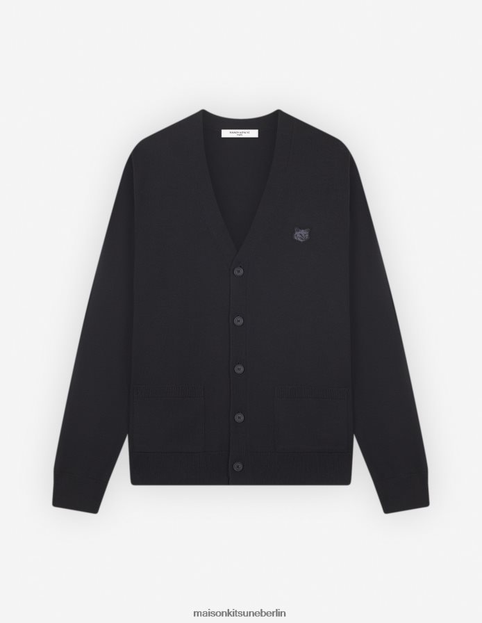 Kleidung V2DHL221 Schwarz Männer Normaler Cardigan mit auffälligem Fuchskopf-Patch Maison Kitsune