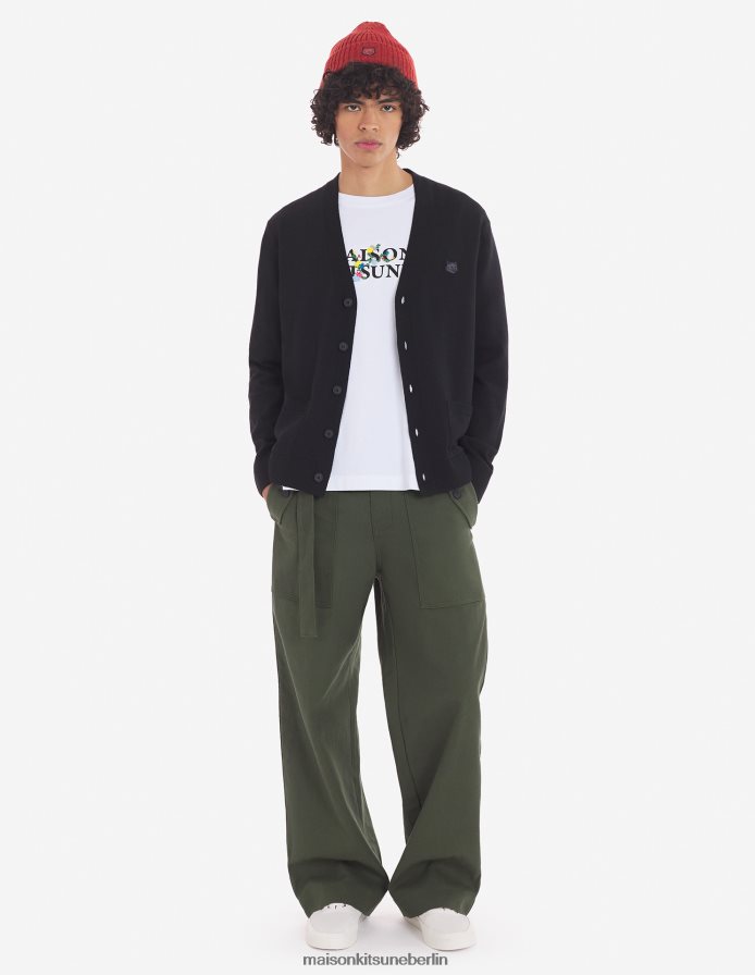 Kleidung V2DHL221 Schwarz Männer Normaler Cardigan mit auffälligem Fuchskopf-Patch Maison Kitsune