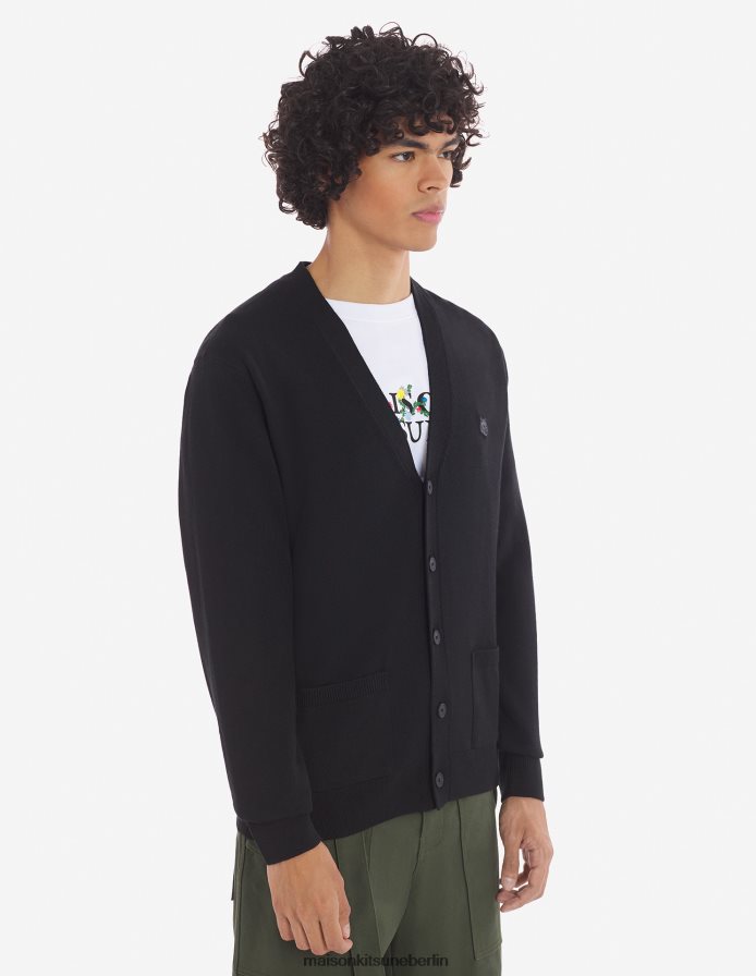 Kleidung V2DHL221 Schwarz Männer Normaler Cardigan mit auffälligem Fuchskopf-Patch Maison Kitsune
