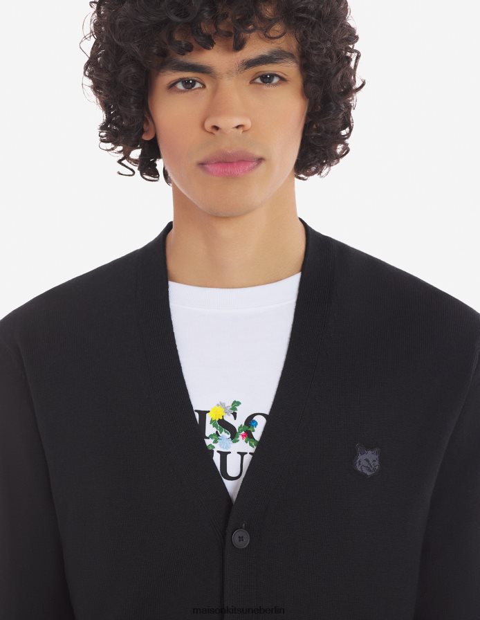 Kleidung V2DHL221 Schwarz Männer Normaler Cardigan mit auffälligem Fuchskopf-Patch Maison Kitsune