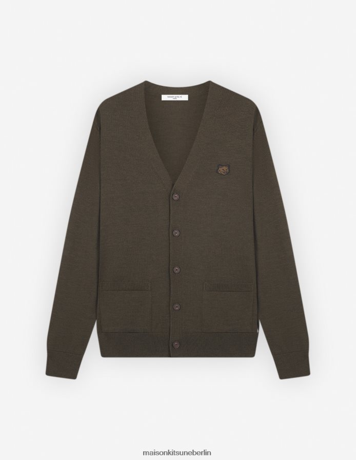 Kleidung V2DHL222 khaki Männer Normaler Cardigan mit auffälligem Fuchskopf-Patch Maison Kitsune