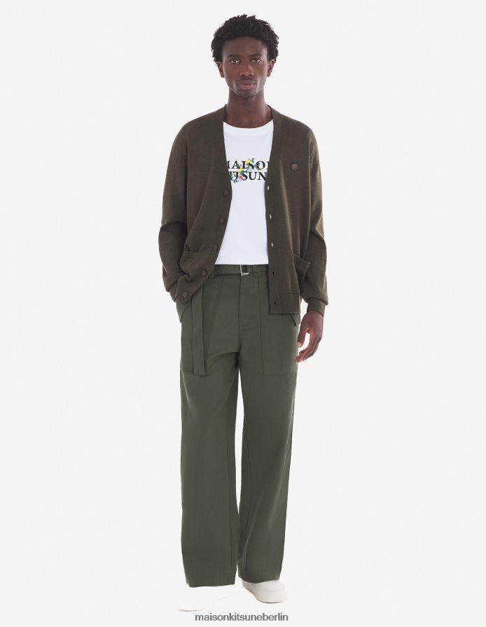 Kleidung V2DHL222 khaki Männer Normaler Cardigan mit auffälligem Fuchskopf-Patch Maison Kitsune