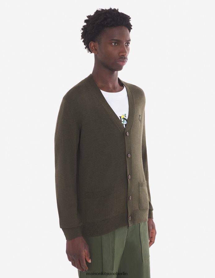 Kleidung V2DHL222 khaki Männer Normaler Cardigan mit auffälligem Fuchskopf-Patch Maison Kitsune