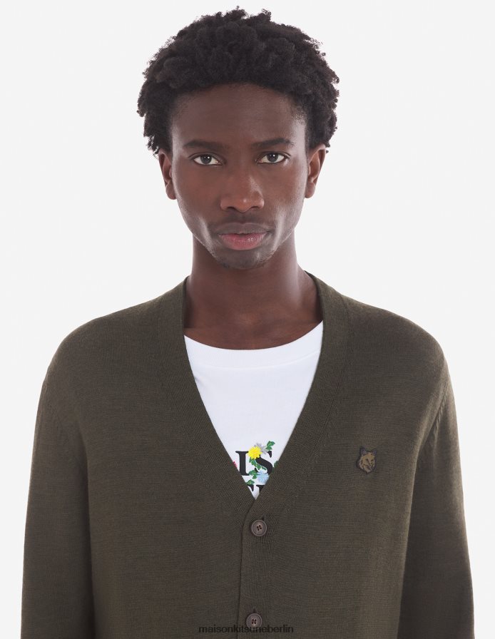 Kleidung V2DHL222 khaki Männer Normaler Cardigan mit auffälligem Fuchskopf-Patch Maison Kitsune