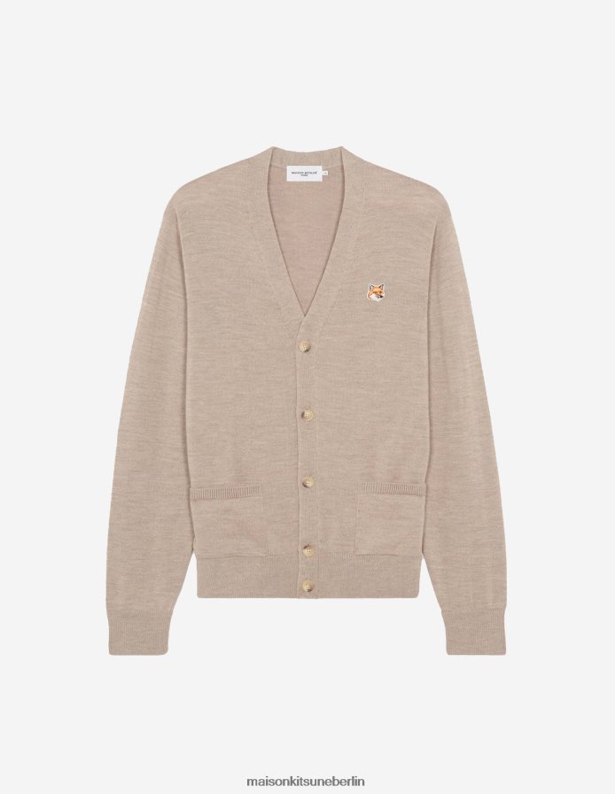 Kleidung V2DHL223 Beige-Melange Männer Klassischer Cardigan mit Fuchskopf-Patch Maison Kitsune