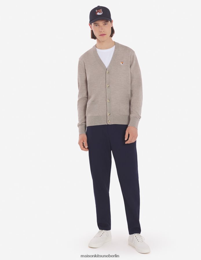 Kleidung V2DHL223 Beige-Melange Männer Klassischer Cardigan mit Fuchskopf-Patch Maison Kitsune