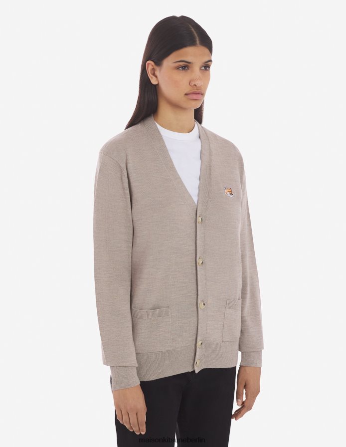 Kleidung V2DHL223 Beige-Melange Männer Klassischer Cardigan mit Fuchskopf-Patch Maison Kitsune