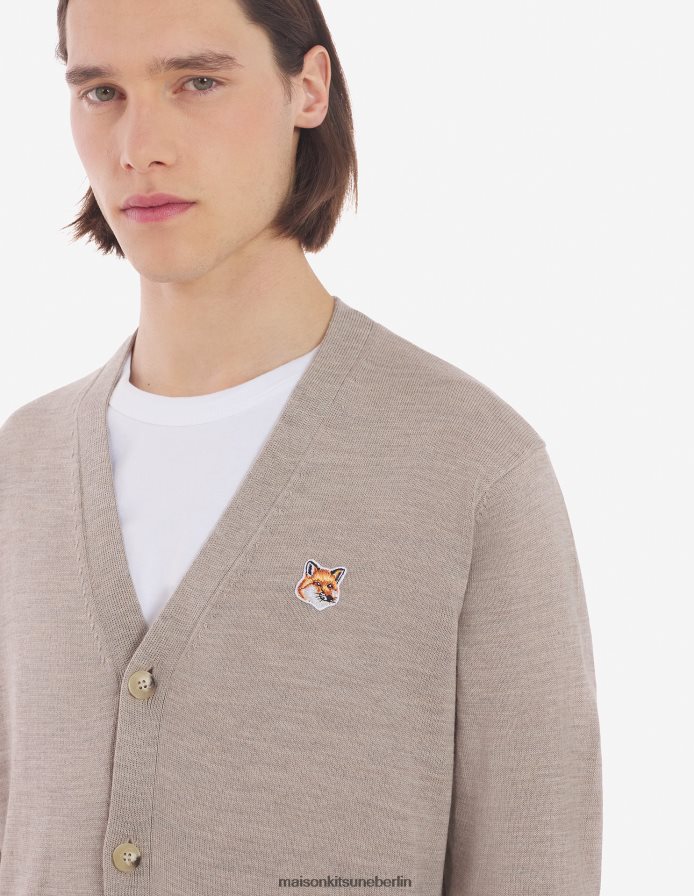 Kleidung V2DHL223 Beige-Melange Männer Klassischer Cardigan mit Fuchskopf-Patch Maison Kitsune