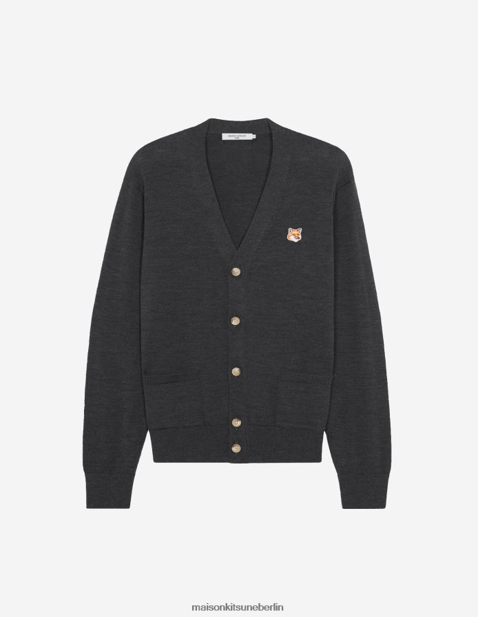 Kleidung V2DHL224 Anthrazit-Melange Männer Klassischer Cardigan mit Fuchskopf-Patch Maison Kitsune