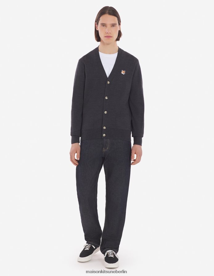 Kleidung V2DHL224 Anthrazit-Melange Männer Klassischer Cardigan mit Fuchskopf-Patch Maison Kitsune