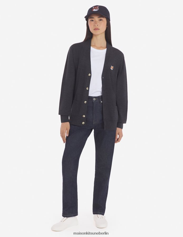 Kleidung V2DHL224 Anthrazit-Melange Männer Klassischer Cardigan mit Fuchskopf-Patch Maison Kitsune