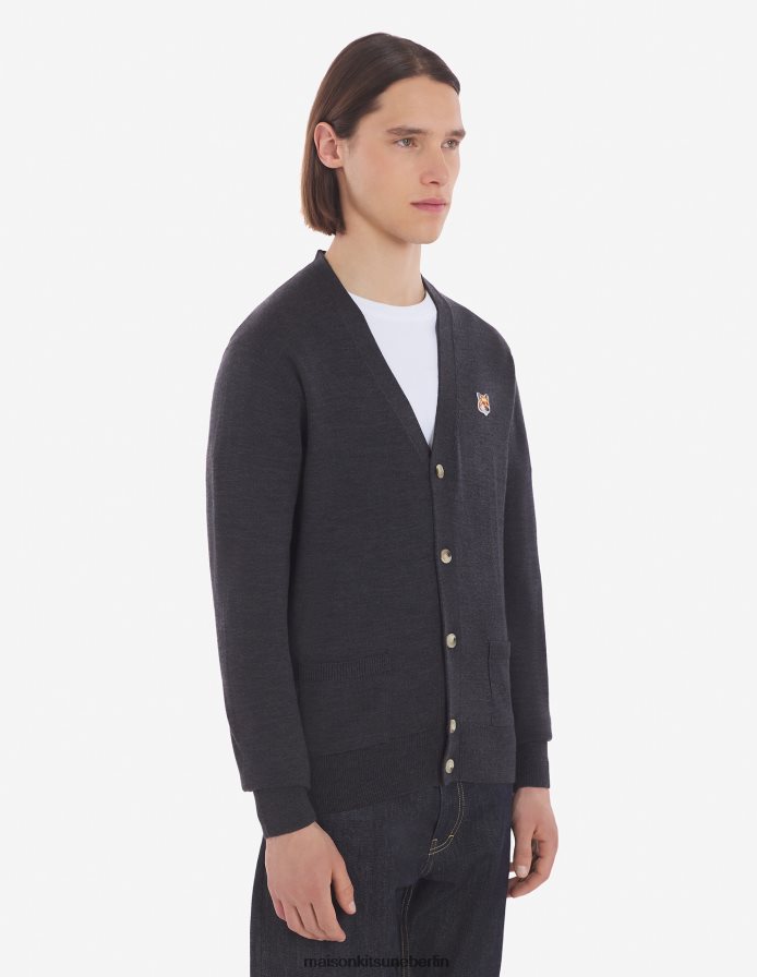 Kleidung V2DHL224 Anthrazit-Melange Männer Klassischer Cardigan mit Fuchskopf-Patch Maison Kitsune