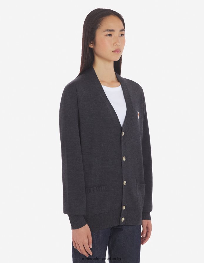 Kleidung V2DHL224 Anthrazit-Melange Männer Klassischer Cardigan mit Fuchskopf-Patch Maison Kitsune