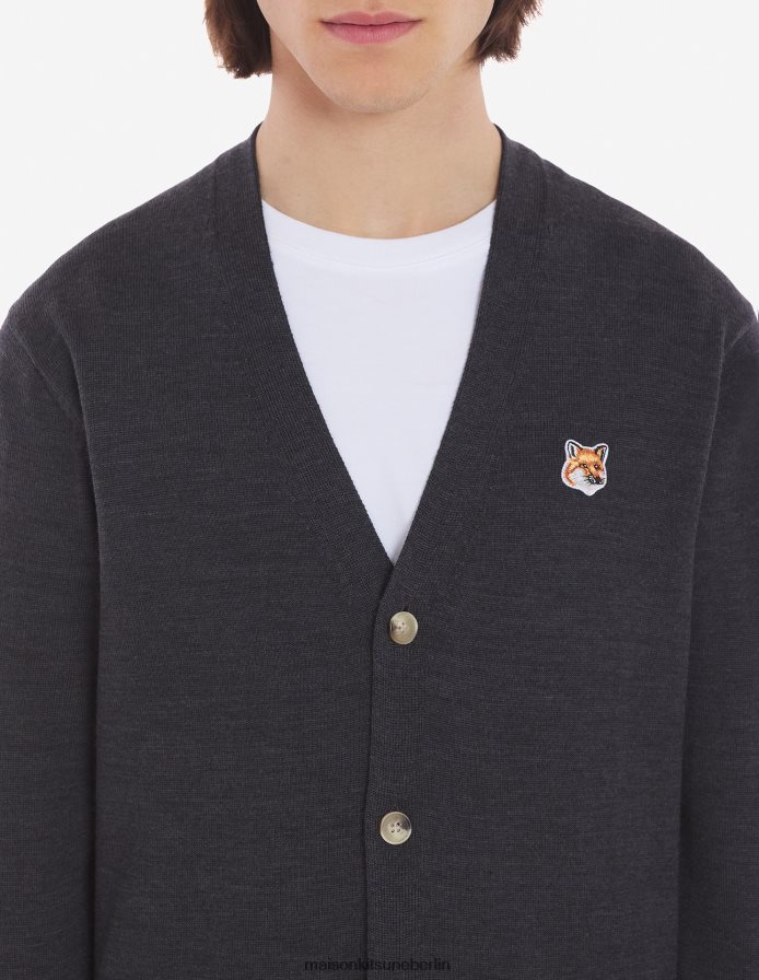 Kleidung V2DHL224 Anthrazit-Melange Männer Klassischer Cardigan mit Fuchskopf-Patch Maison Kitsune
