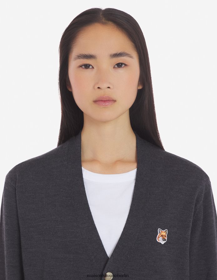 Kleidung V2DHL224 Anthrazit-Melange Männer Klassischer Cardigan mit Fuchskopf-Patch Maison Kitsune
