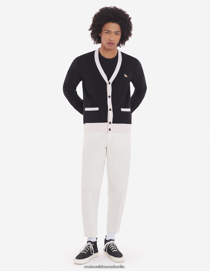 Kleidung V2DHL225 Schwarz Männer Zweifarbiger klassischer Cardigan mit Baby-Fuchs-Patch Maison Kitsune